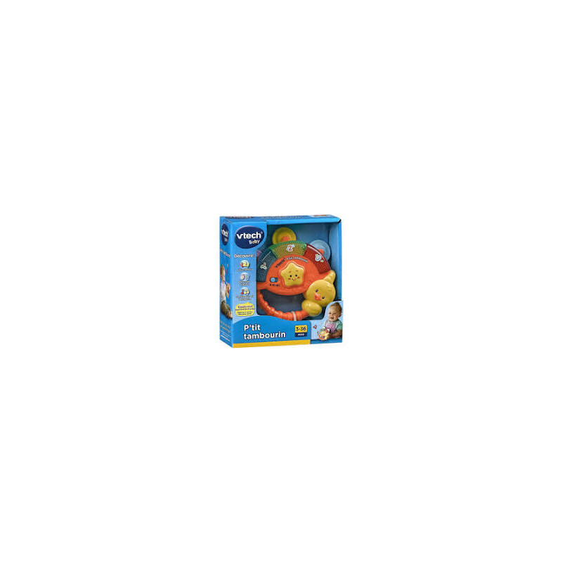 VTech - P'tit Tambourin - Instrument de Musique Bébé - Hochet Tambourin Interactif - Jeu de Motricité Fine.