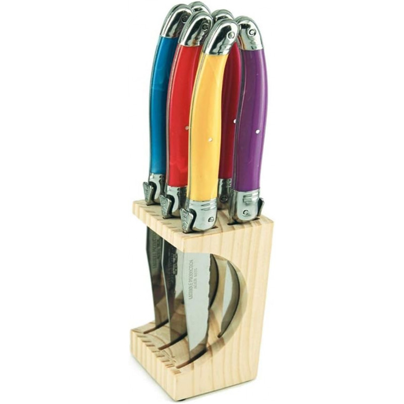 Laguiole Production - Bloc 6 couteaux à steak - Avec bloc de rangement bois - Acier inoxydable - Manche ergonomique.