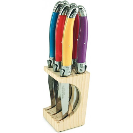 Laguiole Production - Bloc 6 couteaux à steak - Avec bloc de rangement bois - Acier inoxydable - Manche ergonomique.