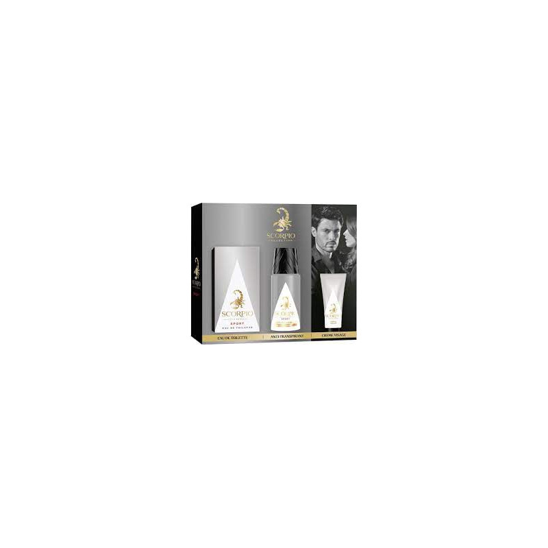 SCORPIO sport - Coffret 3 produits Homme - Eau de toilette flacon 75ml - Déodorant atomiseur 150ml - Gel crème pour visage 50ml.