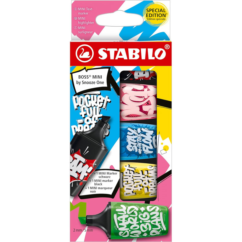 Surligneur STABILO BOSS MINI by Snooze One - Etui carton x 5 surligneurs fluo. Surligneur STABILO BOSS MINI by Snooze One - Etui carton x 5 surligneurs fluo.