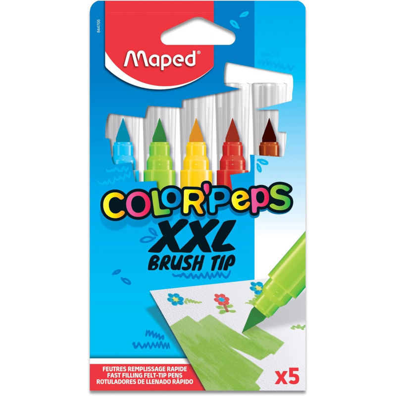 Maped - Feutres XXL - 5 Gros Feutres de Couleur avec Pointe Pinceau Extra Large pour Grandes Surfaces