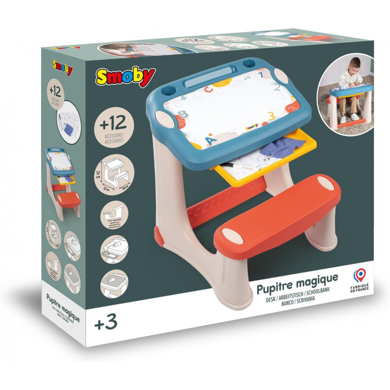 Smoby - Pupitre Magique - Bureau pour Enfant - Feutre Effaçable - 3 Rangements + Tiroir à Glissières