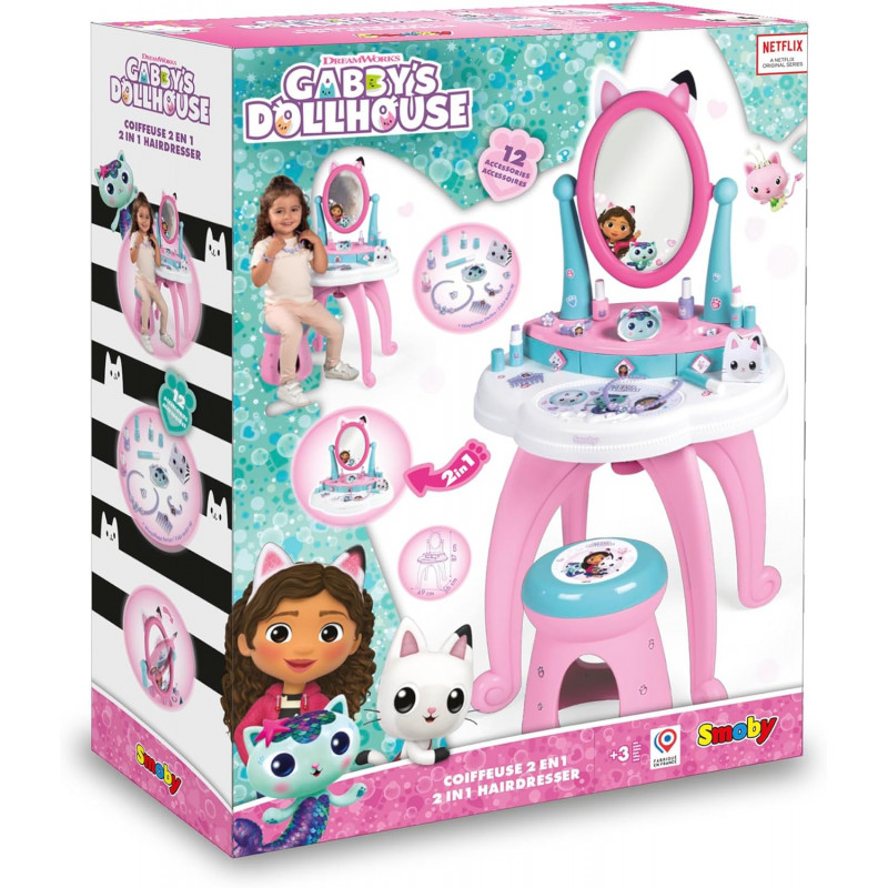 Smoby - Gabby - Coiffeuse 2 en 1 - Tabouret + 12 Accessoires Factices Inclus - Miroir Orientable