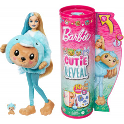 Barbie Coffret Cutie Reveal Avec Poupée Articulée Blonde Et Mèche Bleue - Ourson Dauphin - 10 Surprises Et Accessoires Inclus.