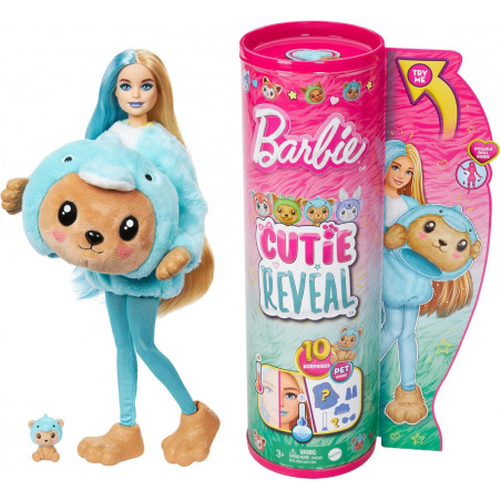 Barbie Coffret Cutie Reveal Avec Poupée Articulée Blonde Et Mèche Bleue - Ourson Dauphin - 10 Surprises Et Accessoires Inclus.
