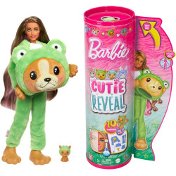 Barbie Coffret Cutie Reveal avec Poupée Articulée Châtain avec Mèches Roses - Chiot Déguisé en Grenouille - 10 Surprises.