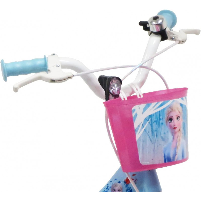 Atlas Vélo Enfant 14'' Disney Reine Des Neiges – Bleu/Blanc – Cadre Acier, Freins Caliper, Panier, Stabilisateurs, Éclairage